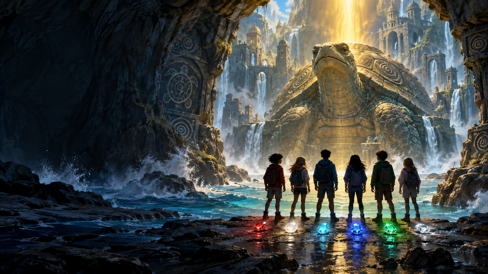 Six young adventurers facing an ancient stone turtle guardian in a hidden realm